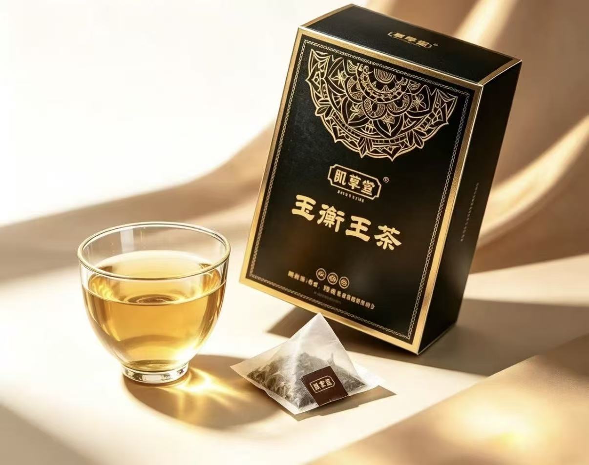 玉衡王茶：一杯琥珀色茶汤，旁边是黑色茶盒与独立茶包