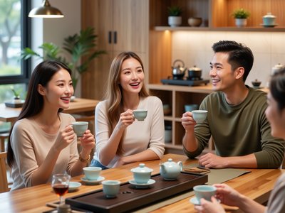 三位朋友在茶桌旁举杯谈笑