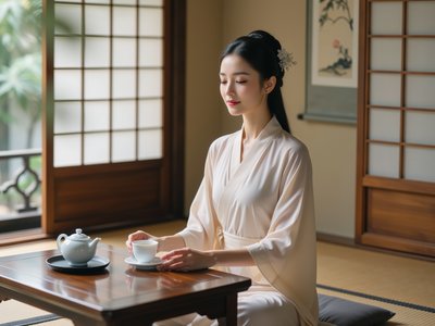 一位客人独自坐在茶室木桌前品茶